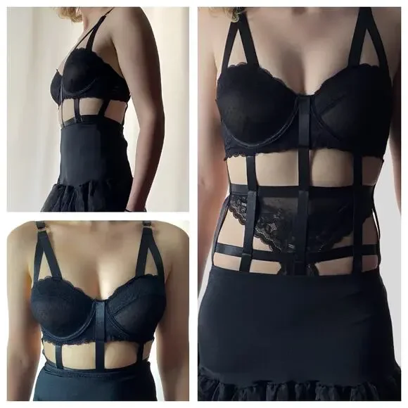 Midnight Muse Black Cutout Harness Lace Bodysuit Sz M - Picture 2 of 13